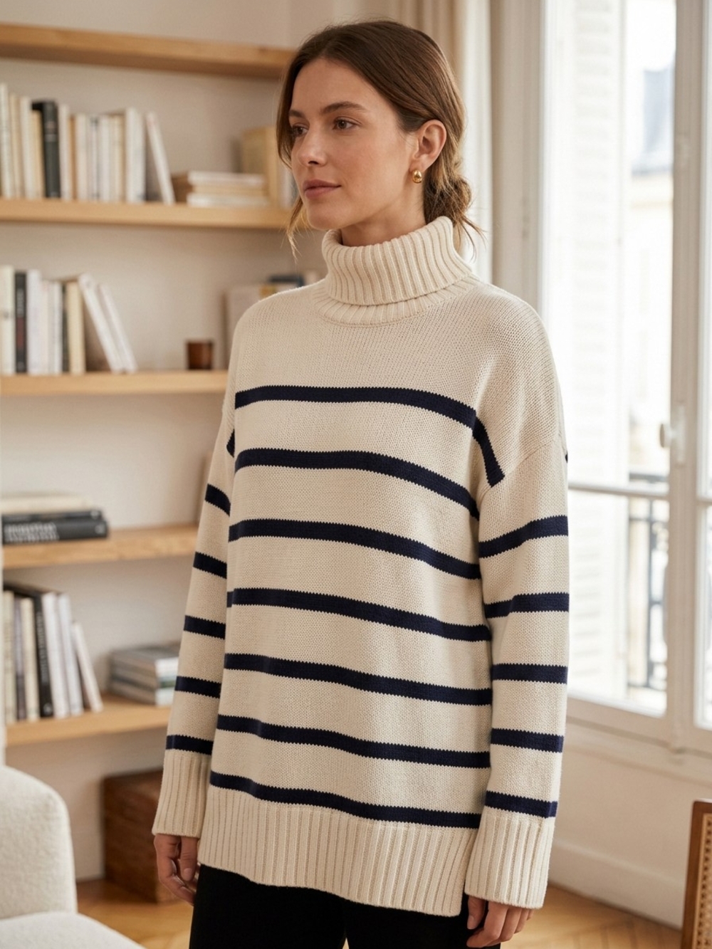 Old Navy Cream And Navy Knit Relaxed Fit Turtleneck Sweater Size XL